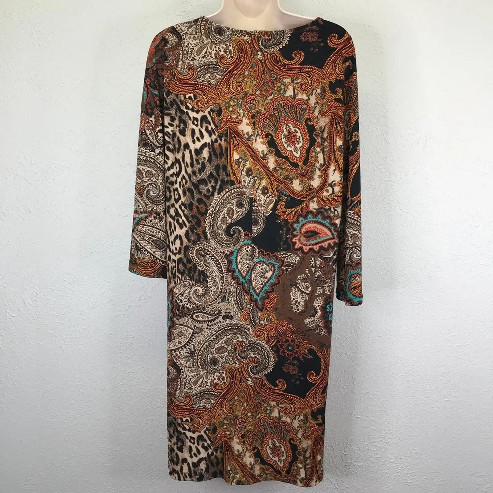 Chicos 0 Shift Dress Women S Multicolor Paisley Leopard Split Button Sleeve Boho